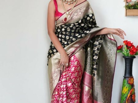 Malishka Banarasi Silk Jacquard Ready To Wear Saree With Blouse Piece - Black Pink Online