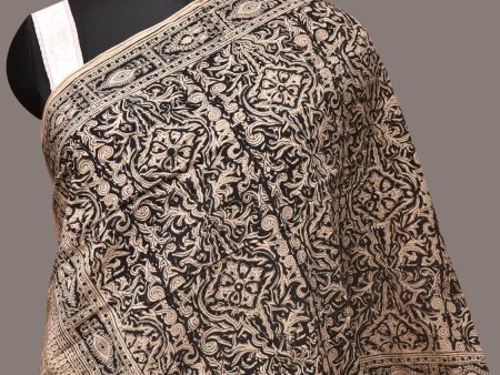 Cream and Black Kalamkari Block Print Cotton Silk Stole with Geometric Design - Global Threads Supply