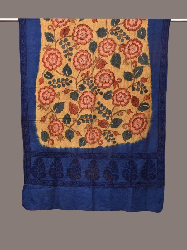 Yellow and Blue Kalamkari Hand Painted Cotton Tussar Cotton Handloom Dupatta with Floral and Embroidery Design - Global Threads For Cheap