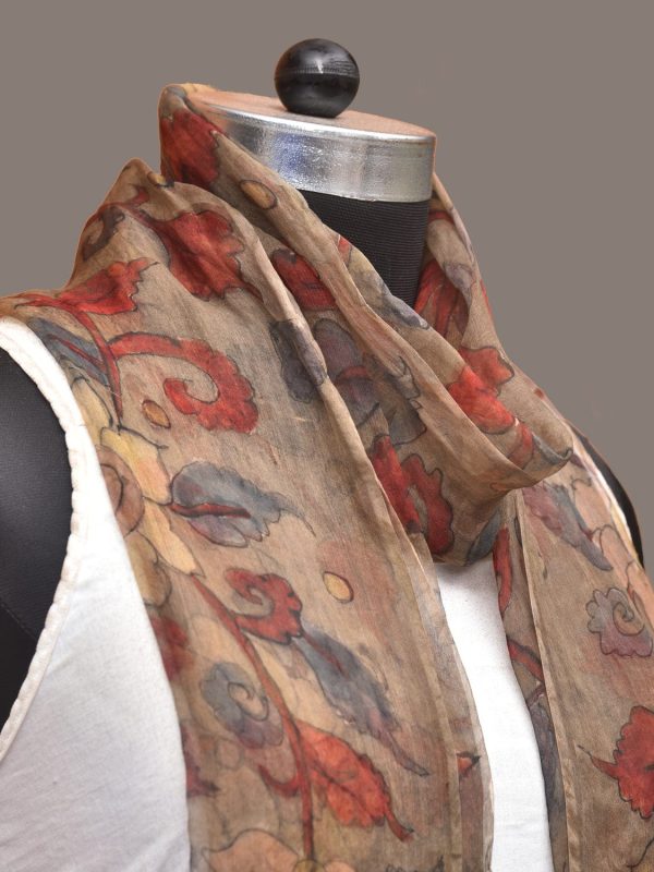 Cream Kalamkari Hand Painted Organza Stole with Floral Design - Global Threads Online Sale