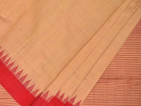 Cream and Red Khadi Cotton Handloom Saree Plain Saree with Strips Pallu Design - Global Threads Discount