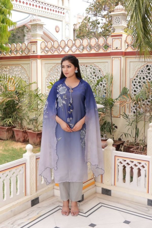 Vaasva Women Blue Tabby Slik Print & Embroidered Kurta, Pant & Dupatta Set Sale