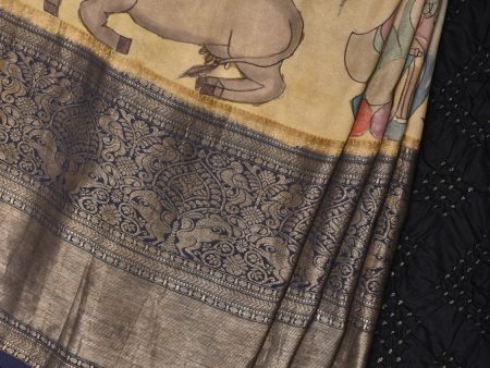 Cream and Navy Bandhani Kanchipuram Silk Handloom Saree with Kalamkari Cows Design - Global Threads Cheap