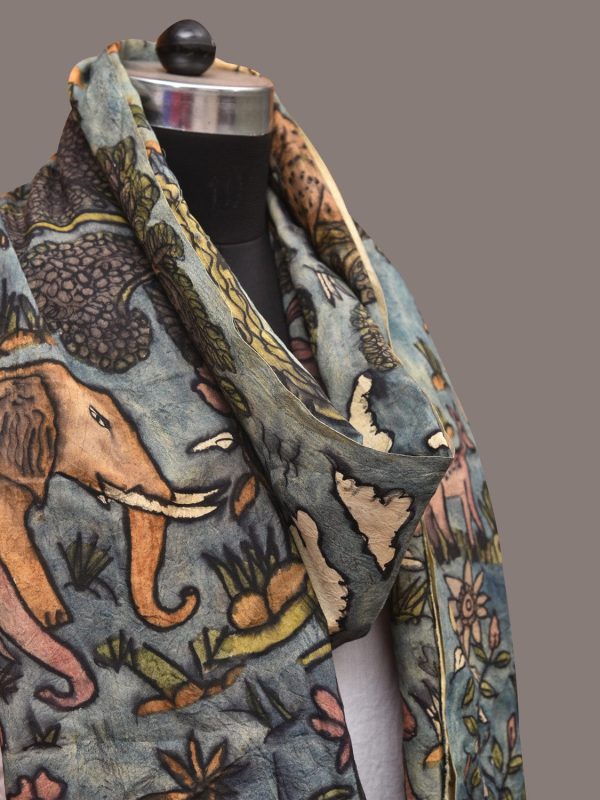 Blue Kalamkari Hand Painted Sico Stole with Animals Design - Global Threads Hot on Sale