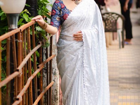 White Poly Silk Ethnic Motifs Saree with Unstitched Blouse - Hiral Fashion on Sale