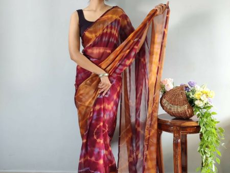 Malishka Chiffon Printed Ready To Wear Saree With Blouse Piece - Pink Online now