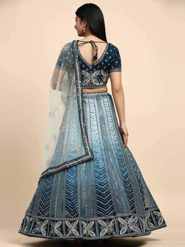 Blue Fancy Net Sequence Embroidered Lehenga Choli with Dupatta - Dhara Sale