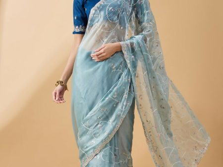 Blue Organza Sequence Embroidered Saree with Unstitched Blouse - Satya For Sale