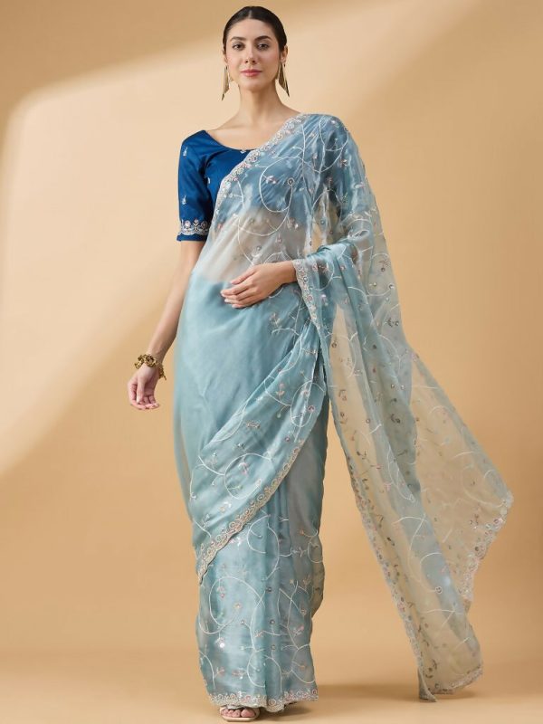 Blue Organza Sequence Embroidered Saree with Unstitched Blouse - Satya For Sale