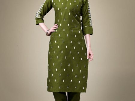 Malishka Women s Embroidered Green Cotton Blend Kurta Pant Set Discount