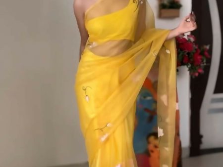 Malishka Organza Silk Printed Ready To Wear Saree With Blouse Piece - Yellow Sale