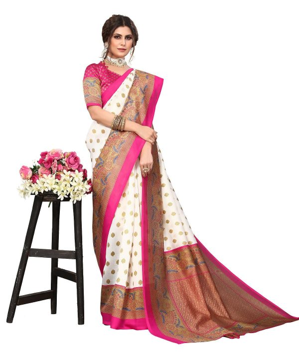 Vamika white & pink Printed Art Silk Saree For Cheap