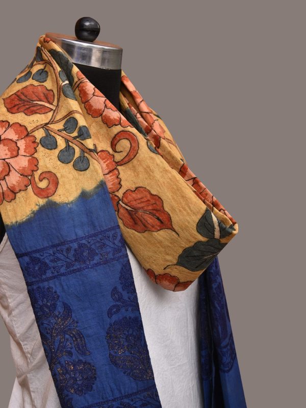 Yellow and Blue Kalamkari Hand Painted Cotton Tussar Cotton Handloom Dupatta with Floral and Embroidery Design - Global Threads For Cheap