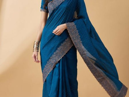 Blue Silk Blend Embroidered Saree with Unstitched Blouse - Vairagi Cheap