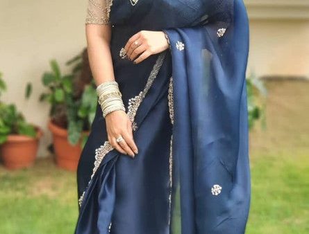 Malishka Georgette Silk Embroidery Saree With Blouse Piece - Navy Blue Cheap