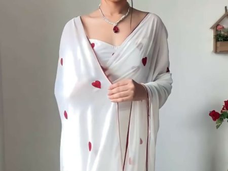 Malishka Georgette Embroidery Ready To Wear Saree With Blouse Piece - White For Sale