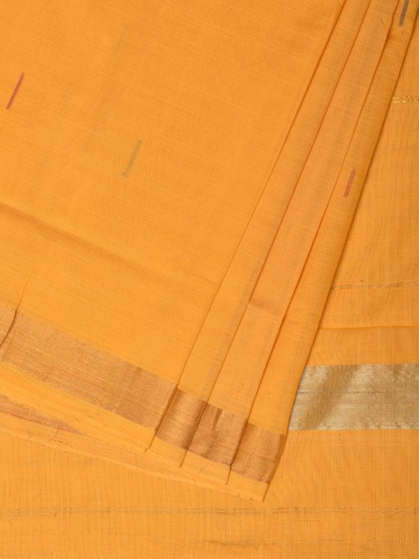 Yellow Khadi Cotton Handloom Saree with Buta and Strip Pallu Design - Global Threads on Sale