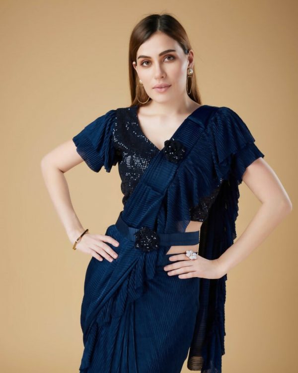 Blue Imported Crush Solid Ready to Wear Saree with stitched Blouse - Aayan Online