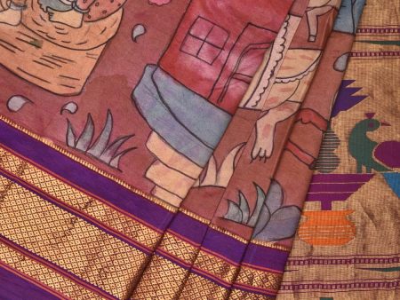 Rust and Purple Kalamkari Hand Painted Paithani Silk Handloom Saree with Village Theme Design - Global Threads For Cheap