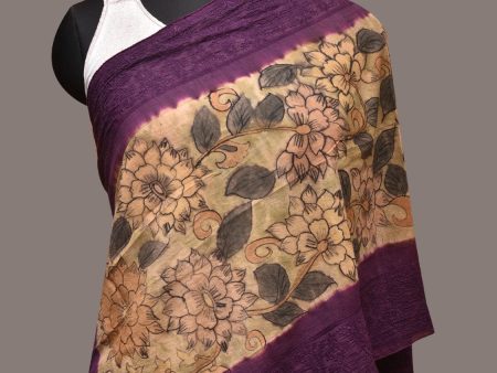 Cream and Purple Kalamkari Hand Painted Sico Stole with Floral and Embroidery Design - Global Threads Sale