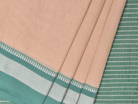 Cream and Turquoise Bamboo Cotton Saree with Strips Design No Blouse - Global Threads For Discount