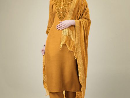 Malishka Women s Embroidered Yellow Cotton Blend Kurta Pant Dupatta Set For Cheap