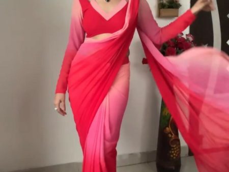 Malishka Georgette Printed Ready To Wear Saree With Blouse Piece - Pink Red Online Sale