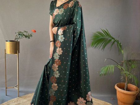 Malishka Banarasi Silk Jacquard Rich Pallu Green Saree With Blouse Piece Cheap