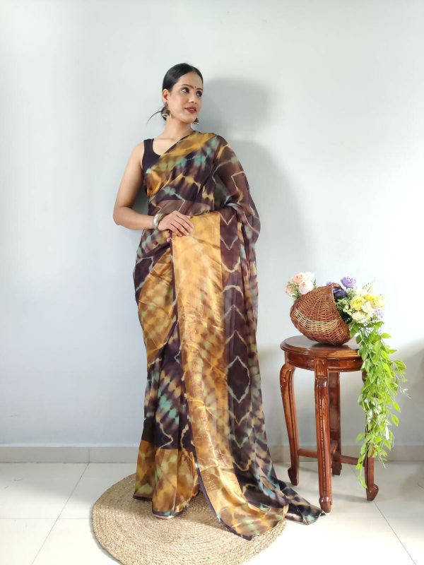 Malishka Chiffon Printed Ready To Wear Saree With Blouse Piece - Brown For Cheap