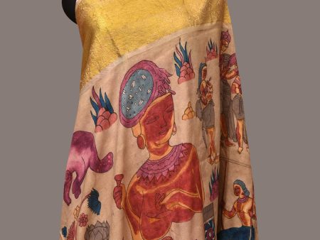 Cream Kalamkari Hand Painted Kanchipuram Silk Handloom Dupatta with Ajanta Design - Global Threads on Sale