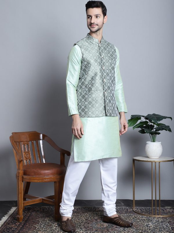 Jompers Men s Woven Design Nehru Jacket With Kurta Pyjama Set - Pista Supply