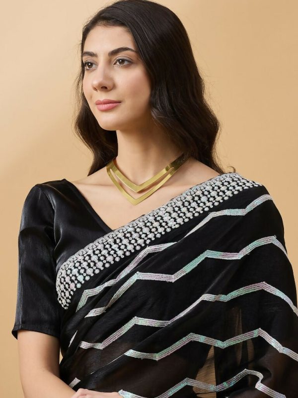 Black Tissue Slub Embroidered Saree with Unstitched Blouse - Vairagi Discount