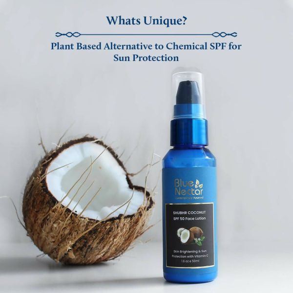 Blue Nectar Coconut Sunscreen SPF 50 Face Lotion, No White Cast, Plant Based Photostable Sunscreen with Vitamin C for Skin Brightening Supply