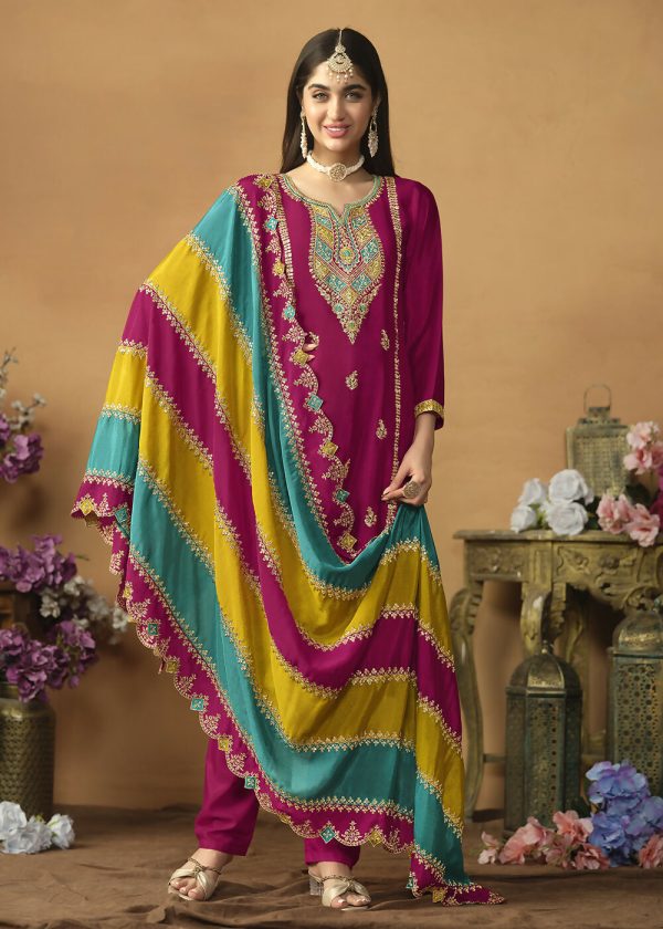 Chinnon Silk Pink Salwar Suit with Multicolor Dupatta - Emponline Sale