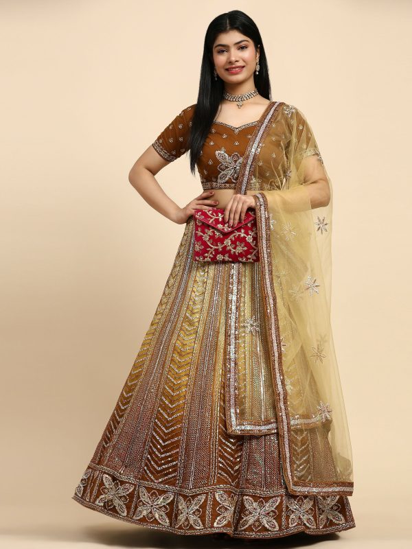 Brown Fancy Net Sequence Embroidered Lehenga Choli with Dupatta - Dhara For Sale