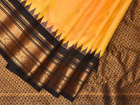 Yellow and Black Gadwal Silk Handloom Saree with Mango Pallu Design - Global Threads Online