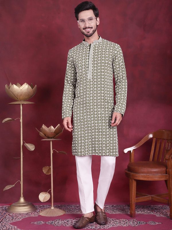 Jompers Men s Sequins Embroidered Kurta with Pyjama - Mehndi Online