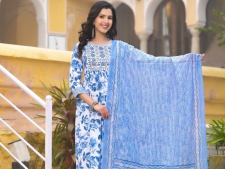 Indian Fashion Women White, Blue Floral Print Viscose Rayon Kurta, Pant And Dupatta Set For Cheap