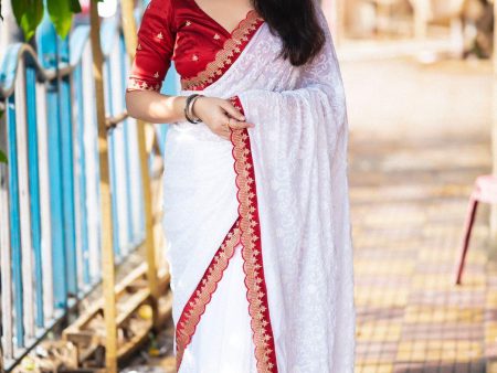 White Pure Georgette Woven Design Saree with Unstitched Blouse - Hiral Fashion Supply