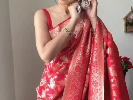 Malishka litchi Silk Jacquard Ready To Wear Saree With Blouse Piece - Red Hot on Sale