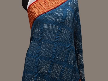 Teal and Red Bandhani Kanchipuram Silk Handloom Dupatta with Border Design - Global Threads For Sale