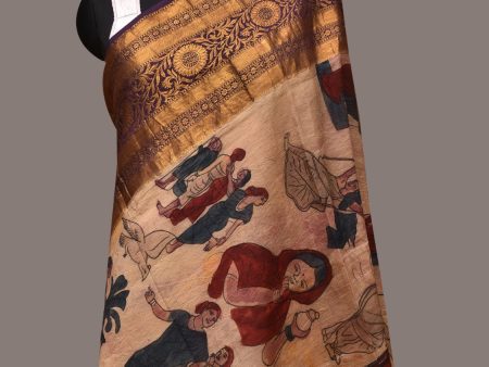 Cream Kalamkari Hand Painted Kanchipuram Silk Handloom Dupatta with Painting Design - Global Threads Supply