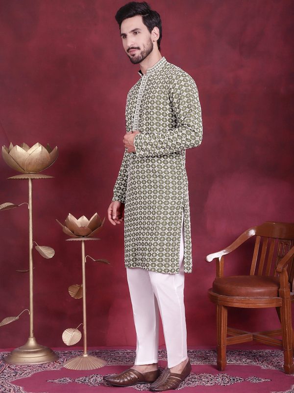 Jompers Men s Sequins Embroidered Kurta with Pyjama - Mehndi Online