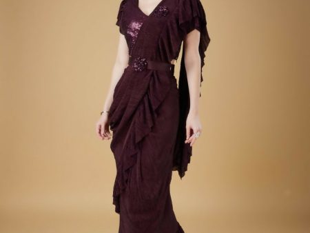 Wine Imported Crush Solid Ready to Wear Saree with stitched Blouse - Aayan Online now