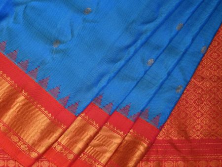 Blue and Red Gadwal Silk Handloom Saree with Mango Pallu Design - Global Threads Online