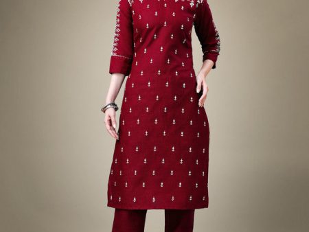 Malishka Women s Embroidered Maroon Cotton Blend Kurta Pant Set Hot on Sale