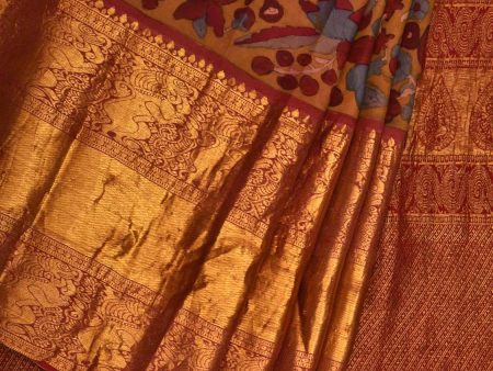 Yellow and Red Kalamkari Hand Painted Kanchipuram Silk Handloom Saree with Floral Design - Global Threads on Sale