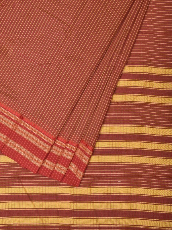 Brown and Rust Bamboo Cotton Saree with Checks Design No Blouse - Global Threads Online Sale