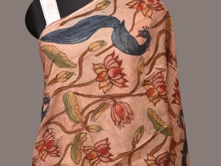 Cream Kalamkari Hand Painted Sico Stole with Lotus and Peacocks Design - Global Threads on Sale