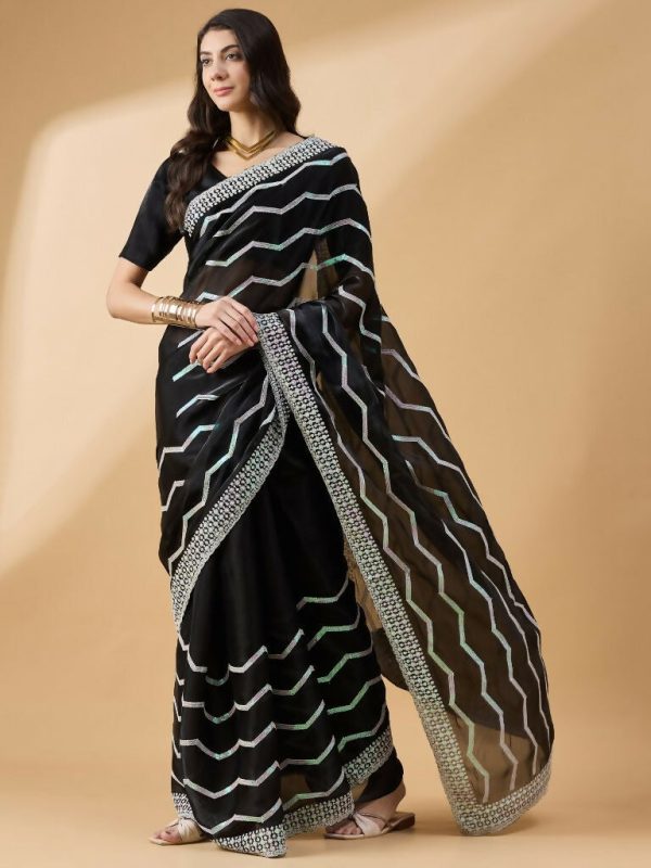 Black Tissue Slub Embroidered Saree with Unstitched Blouse - Vairagi Discount